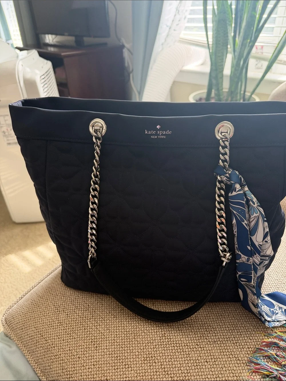 kate spade Black Quilted Tote with Chain Handles and Navy Scarf Accent